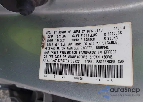 2014 Honda Accord Sport z USA, uszkodzony, nr VIN 1HGCR2F5XEA168622